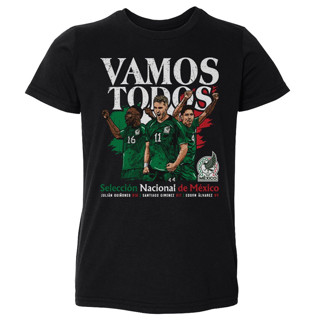 mexico national team 500 level toddler vamos todos julián quiñones santiago giménez  edson Álvarez t-shirt – black Collection | Australia Football Jerseys And World Cup Kits
