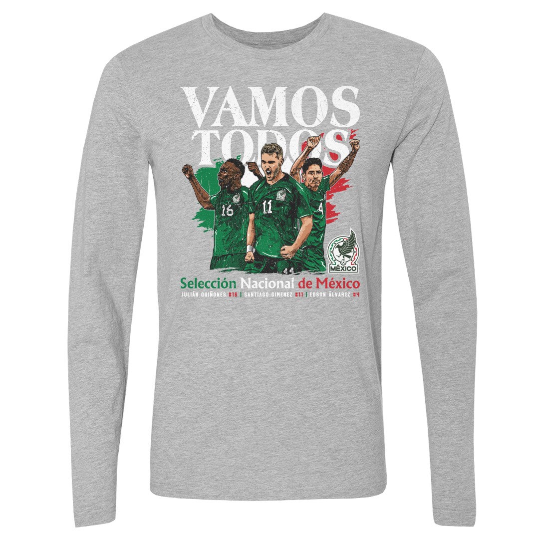 mexico national team 500 level vamos todos julián quiñones santiago giménez  edson Álvarez long sleeve t-shirt – heather gray Collection | Australia Football Jerseys And World Cup Kits
