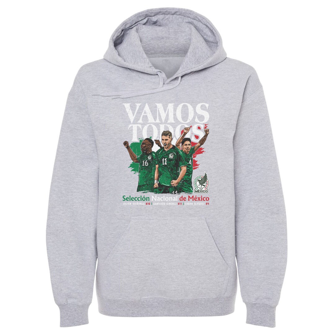 mexico national team 500 level vamos todos julián quiñones santiago giménez  edson Álvarez pullover hoodie – gray Collection | Australia Football Jerseys And World Cup Kits