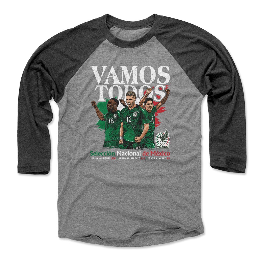 mexico national team 500 level vamos todos julián quiñones santiago giménez  edson Álvarez raglan 34-sleeve baseball t-shirt – black Collection | Australia Football Jerseys And World Cup Kits