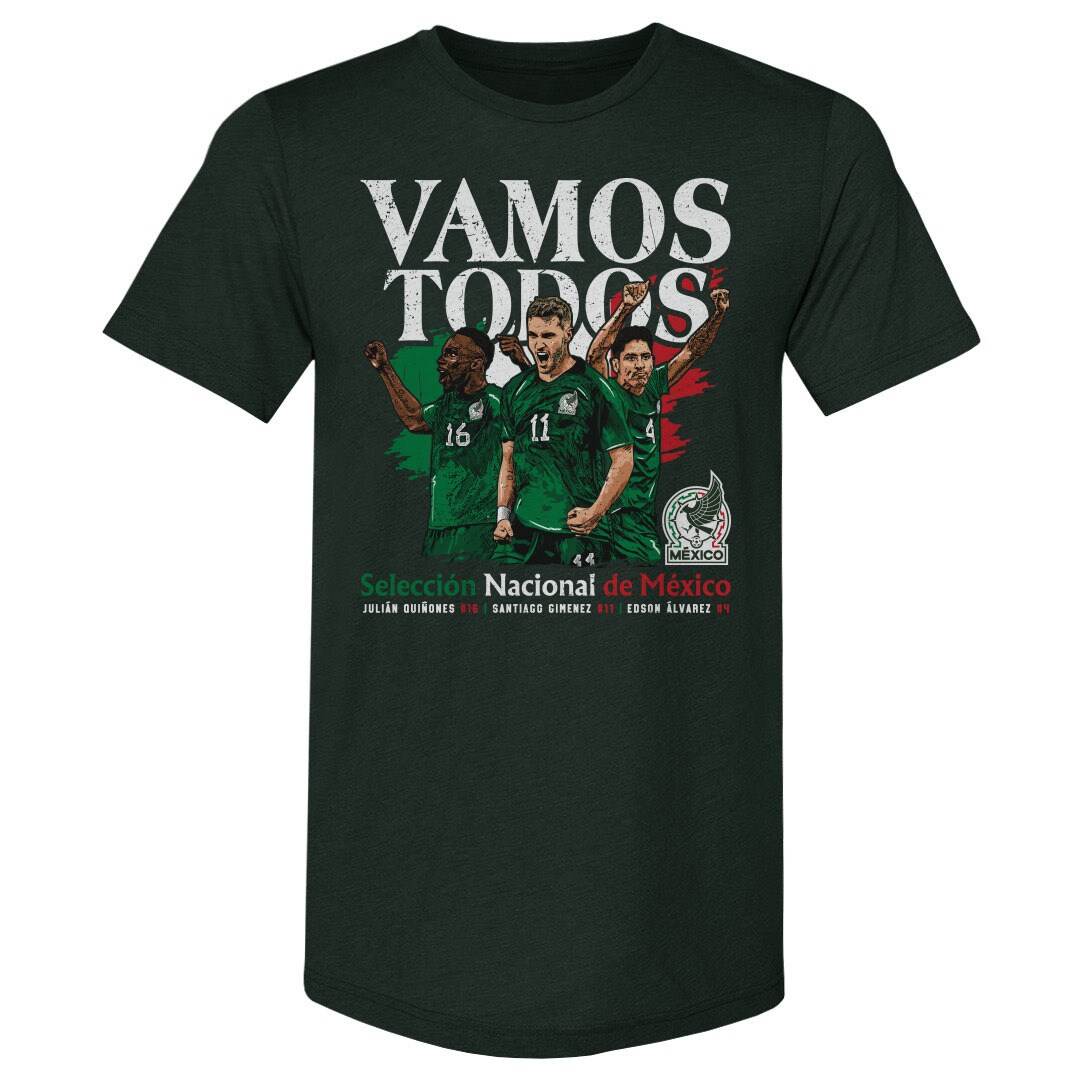 mexico national team 500 level vamos todos julián quiñones santiago giménez  edson Álvarez t-shirt – forest green Collection | Australia Football Jerseys And World Cup Kits