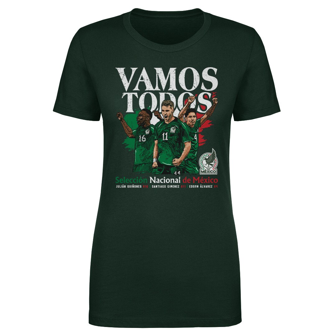 mexico national team 500 level womens vamos todos julián quiñones santiago giménez  edson Álvarez t-shirt – forest green Collection | Australia Football Jerseys And World Cup Kits