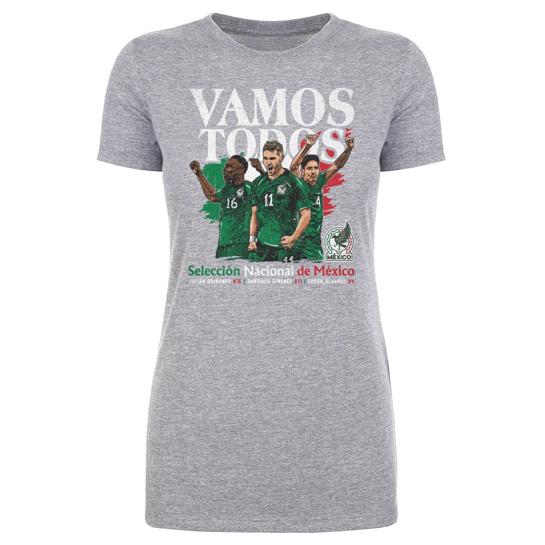 mexico national team 500 level womens vamos todos julián quiñones santiago giménez  edson Álvarez t-shirt – heather gray Collection | Australia Football Jerseys And World Cup Kits