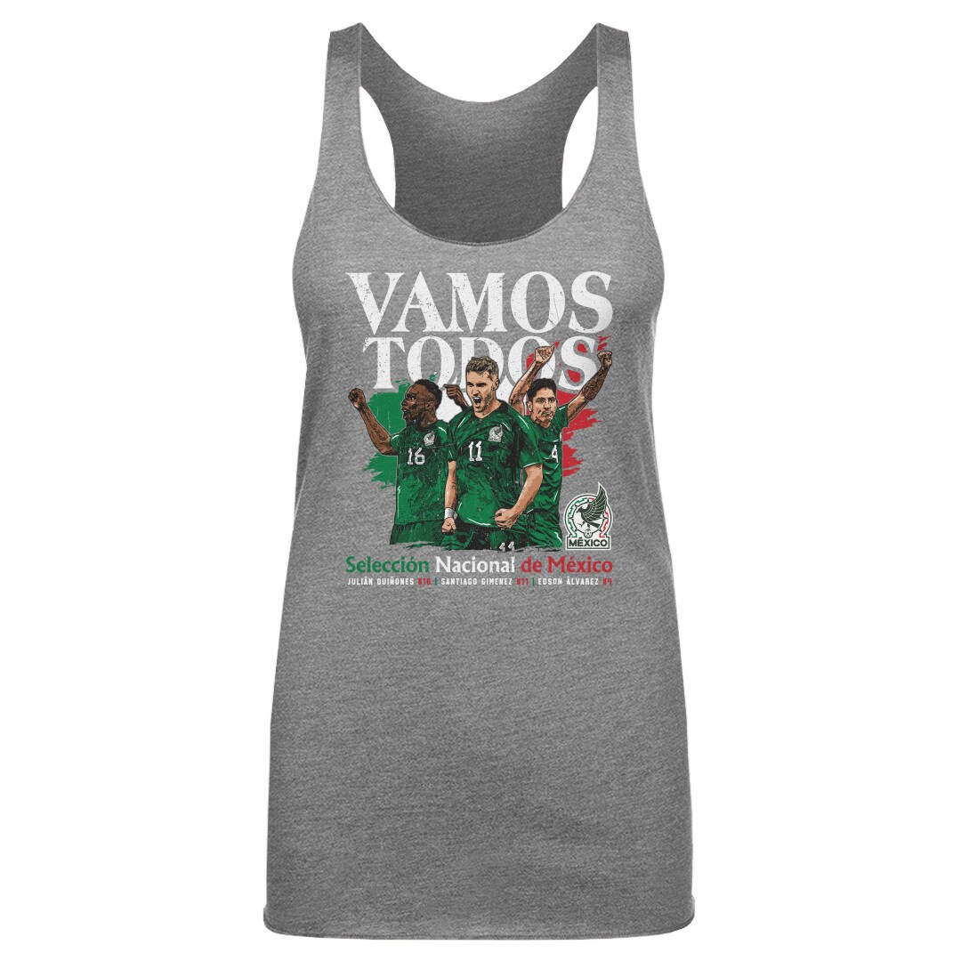 mexico national team 500 level womens vamos todos julián quiñones santiago giménez  edson Álvarez tri-blend racerback tank top – gray Collection | Australia Football Jerseys And World Cup Kits